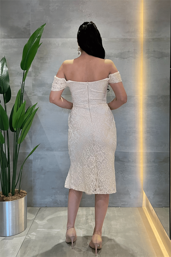 Dantel Kumaş Kayık Yaka Elbise - BEJ