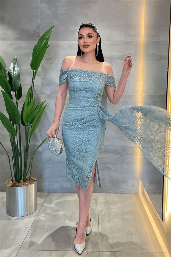 Dantel Kumaş Kayık Yaka Elbise - MİNT YEŞİLİ