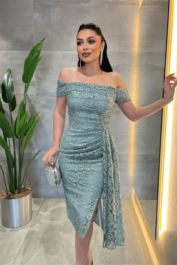 Dantel Kumaş Kayık Yaka Elbise - MİNT YEŞİLİ