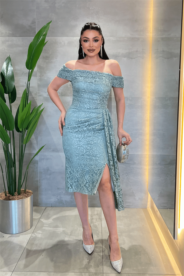 Dantel Kumaş Kayık Yaka Elbise - MİNT YEŞİLİ