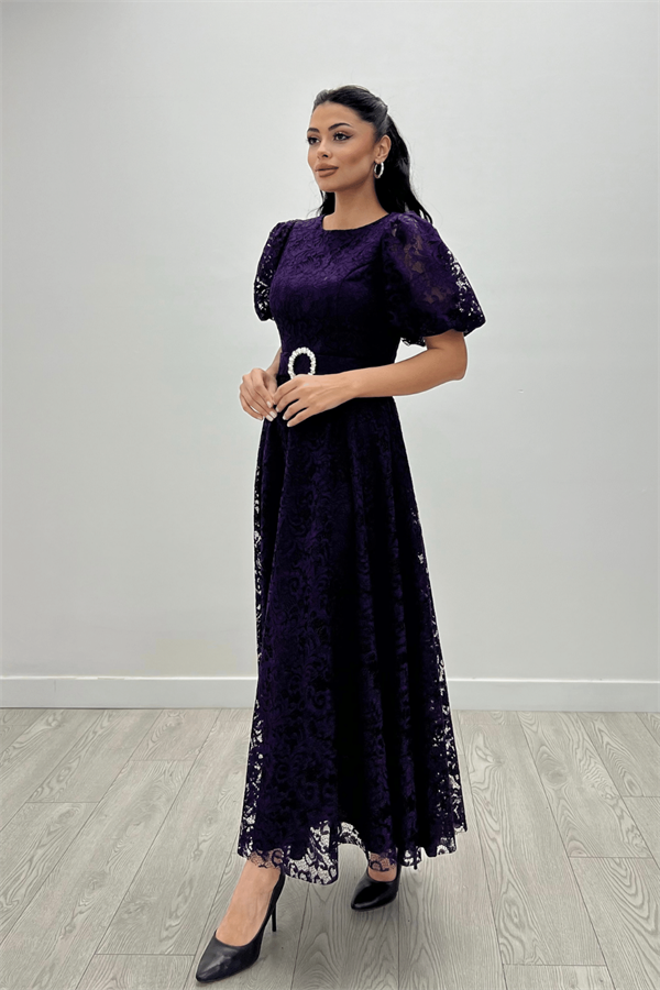 Dantel Kumaş Kolları Balon Kol Maxi Elbise - PATLICAN MOR