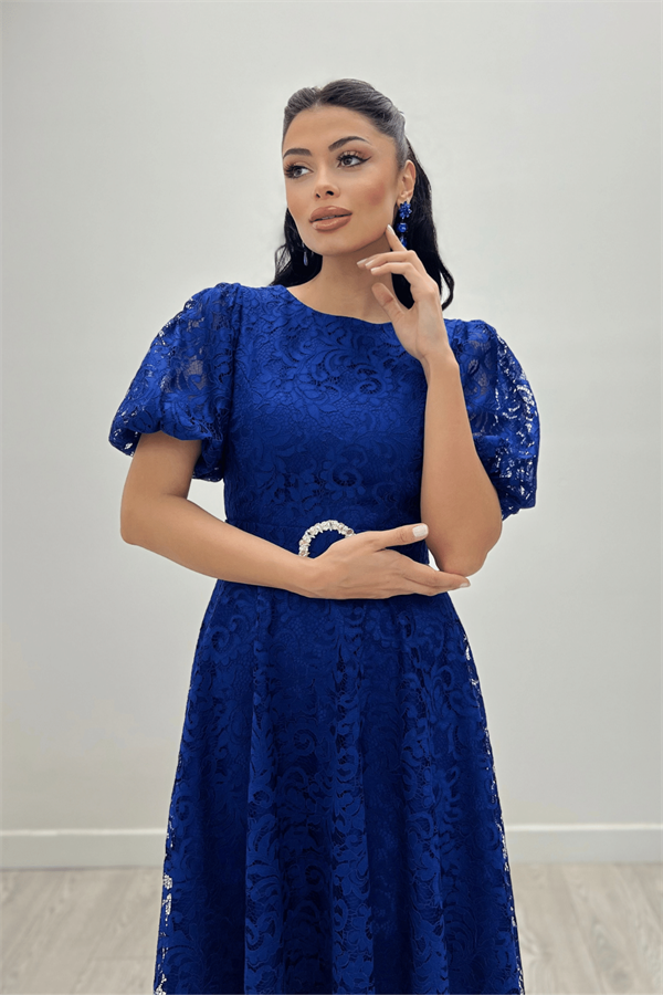 Dantel Kumaş Kolları Balon Kol Maxi Elbise - SAKS MAVİ