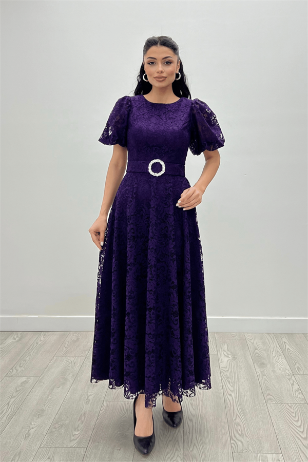 Dantel Kumaş Kolları Balon Kol Maxi Elbise - PATLICAN MOR