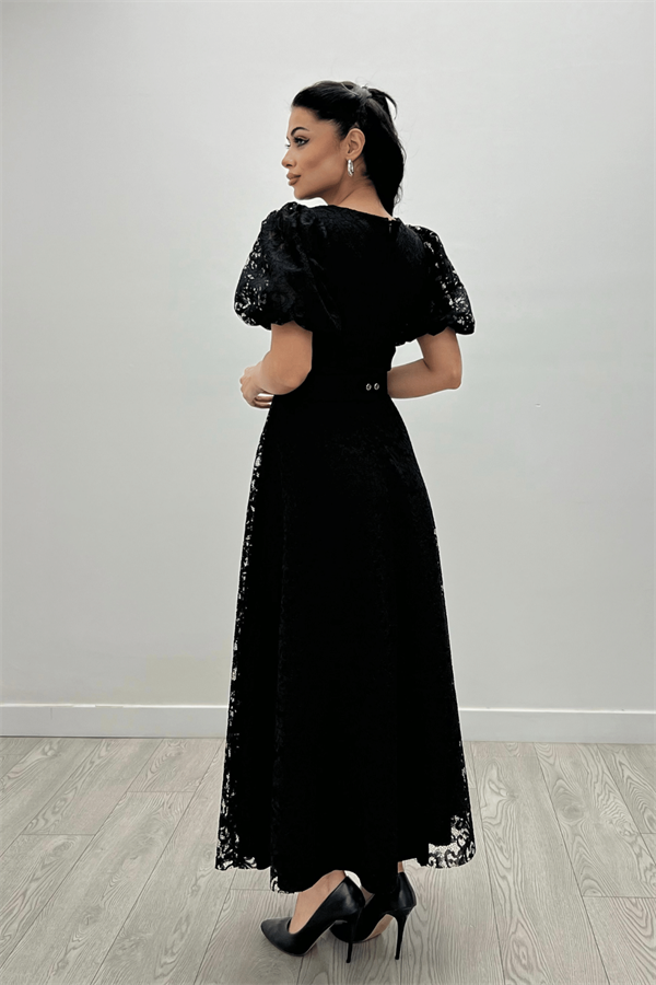 Dantel Kumaş Kolları Balon Kol Maxi Elbise - SİYAH