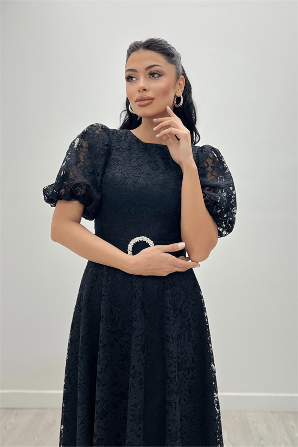 Dantel Kumaş Kolları Balon Kol Maxi Elbise - SİYAH