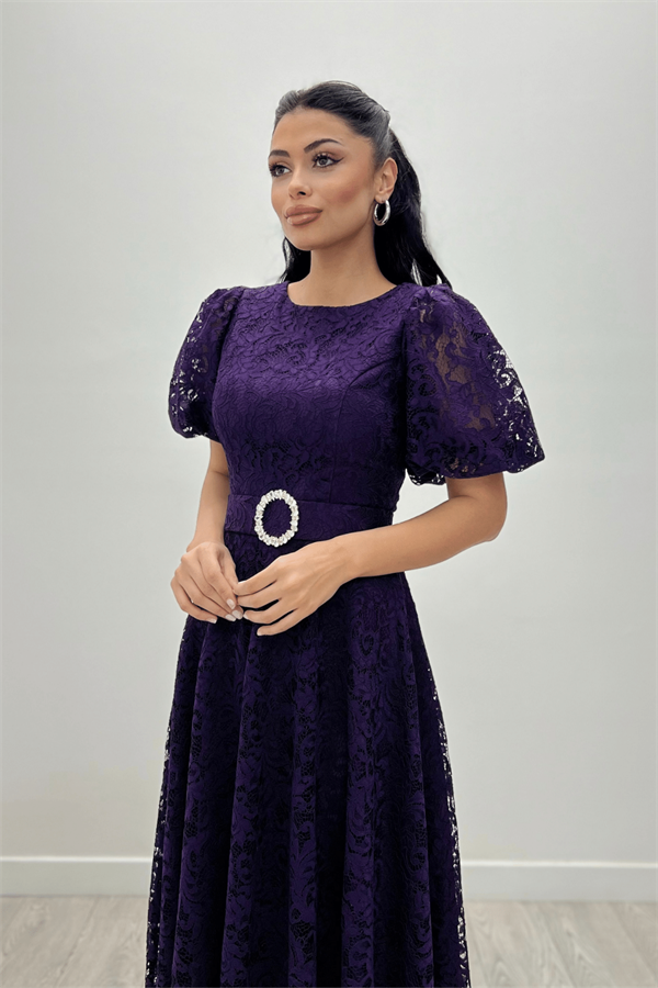 Dantel Kumaş Kolları Balon Kol Maxi Elbise - PATLICAN MOR