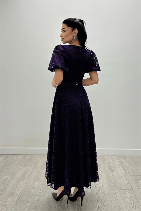 Dantel Kumaş Kolları Balon Kol Maxi Elbise - PATLICAN MOR