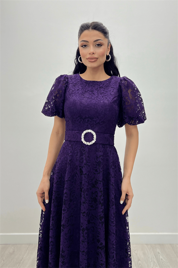 Dantel Kumaş Kolları Balon Kol Maxi Elbise - PATLICAN MOR