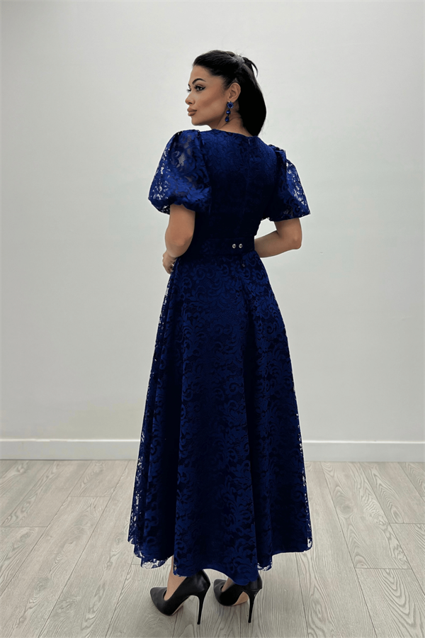 Dantel Kumaş Kolları Balon Kol Maxi Elbise - SAKS MAVİ