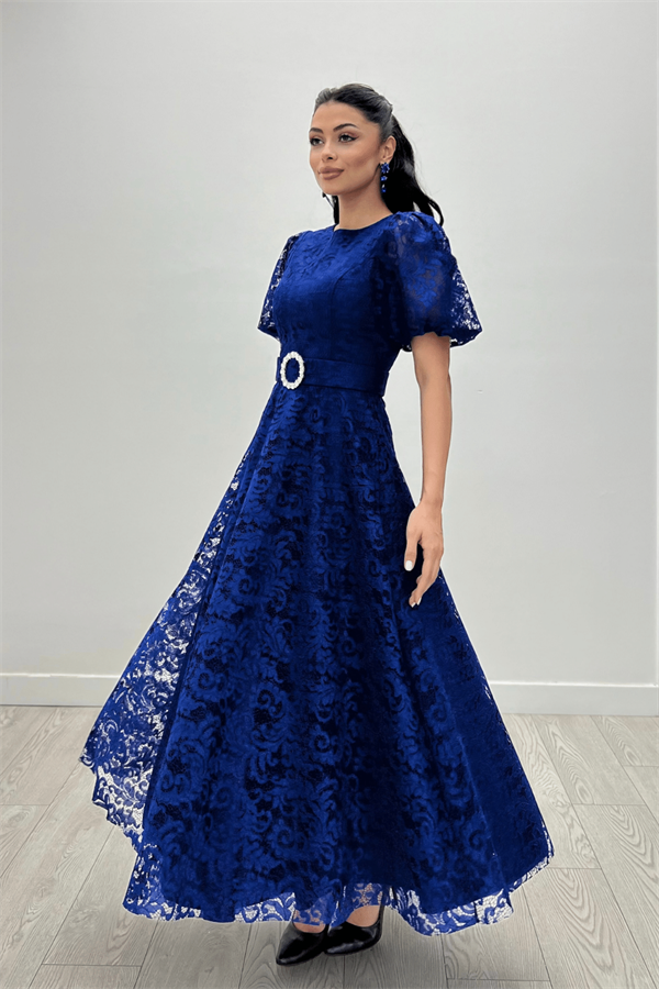 Dantel Kumaş Kolları Balon Kol Maxi Elbise - SAKS MAVİ