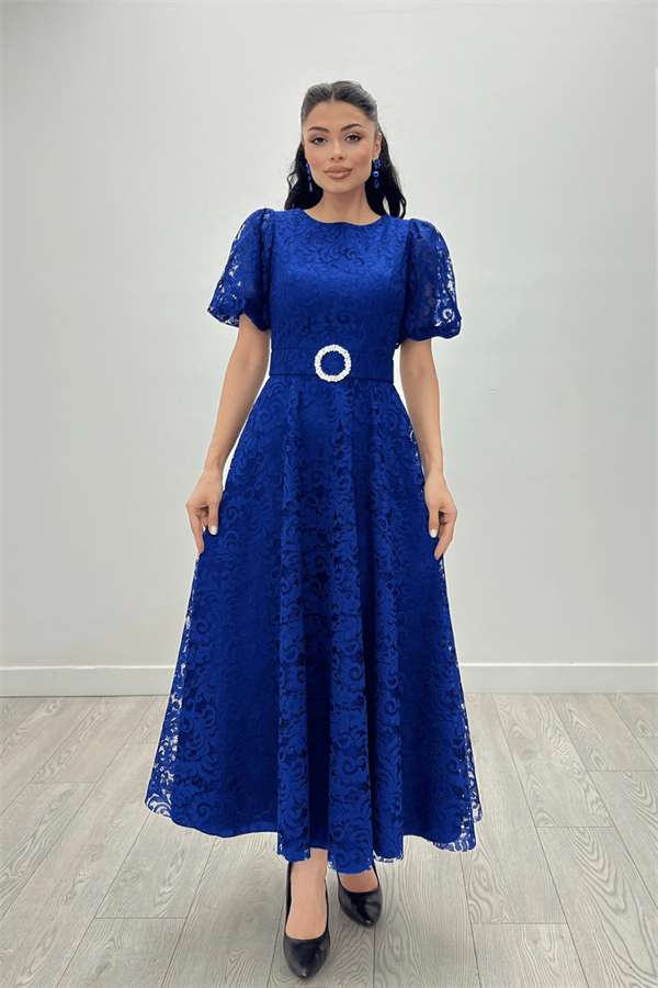 Dantel Kumaş Kolları Balon Kol Maxi Elbise - SAKS MAVİ