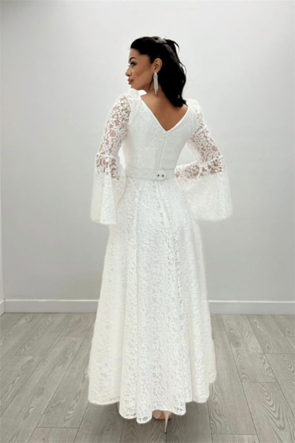 Dantel Kumaş Kolları Volan Detaylı - BEYAZ