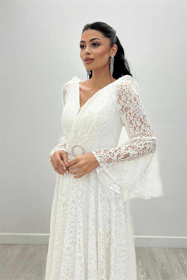 Dantel Kumaş Kolları Volan Detaylı - BEYAZ