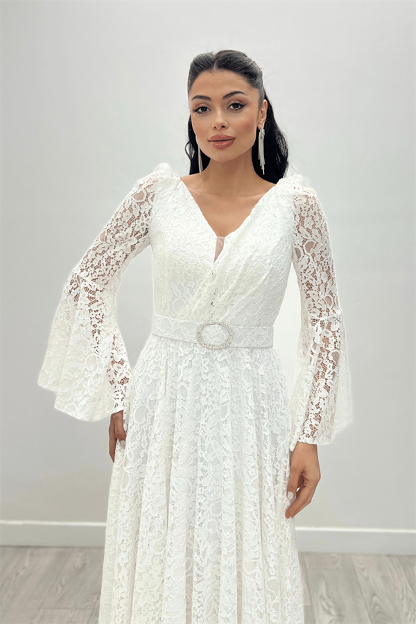 Dantel Kumaş Kolları Volan Detaylı - BEYAZ