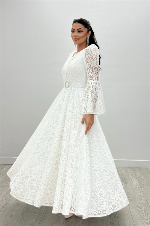 Dantel Kumaş Kolları Volan Detaylı - BEYAZ