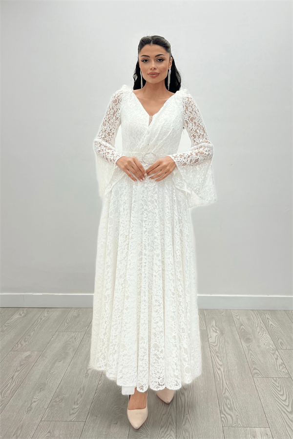 Dantel Kumaş Kolları Volan Detaylı - BEYAZ