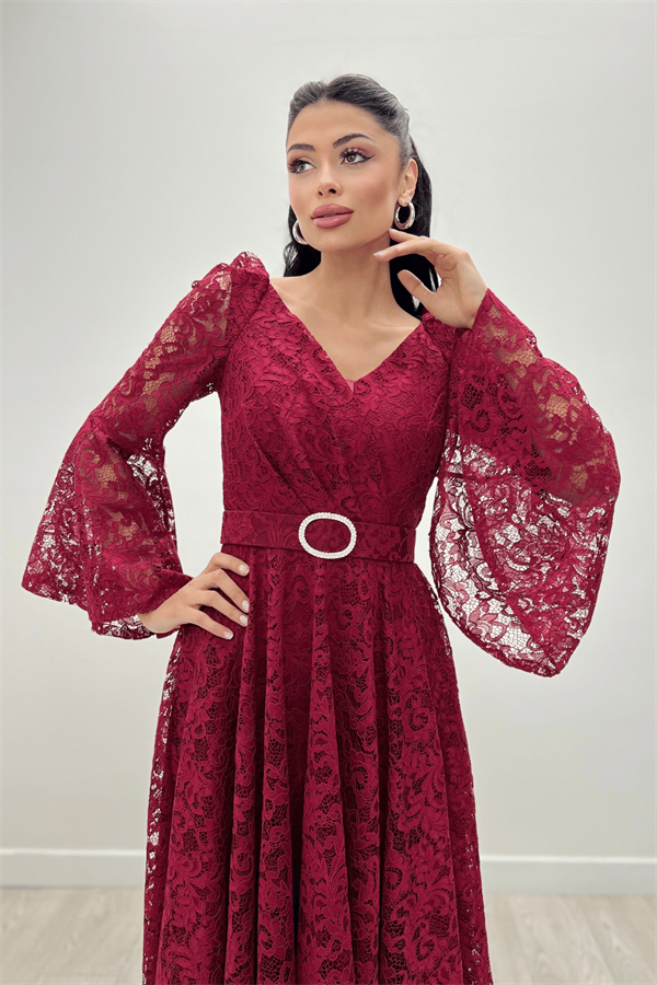 Dantel Kumaş Kolları Volan Detaylı - BORDO