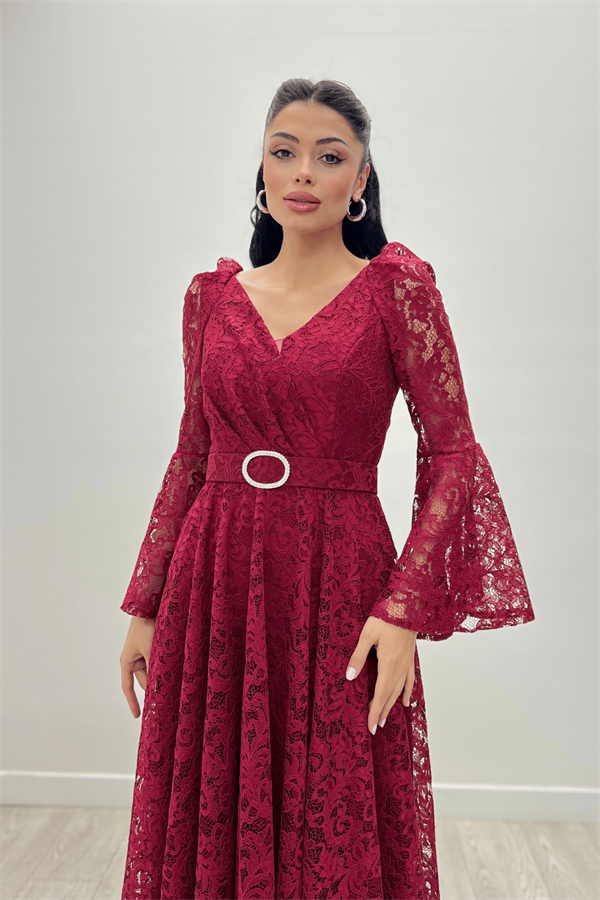 Dantel Kumaş Kolları Volan Detaylı - BORDO