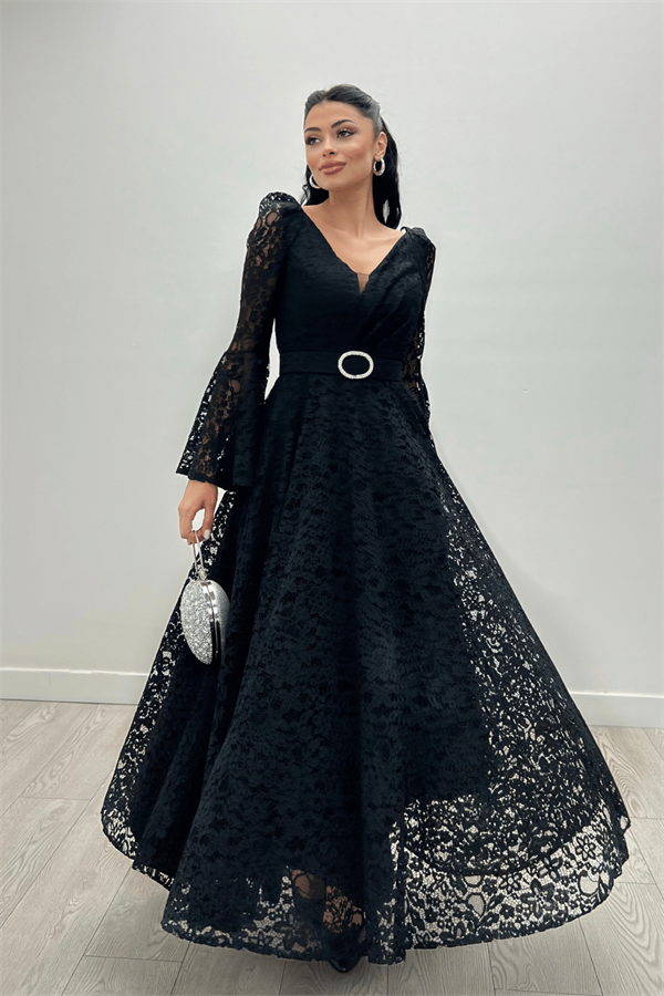 Dantel Kumaş Kolları Volan Detaylı - SİYAH