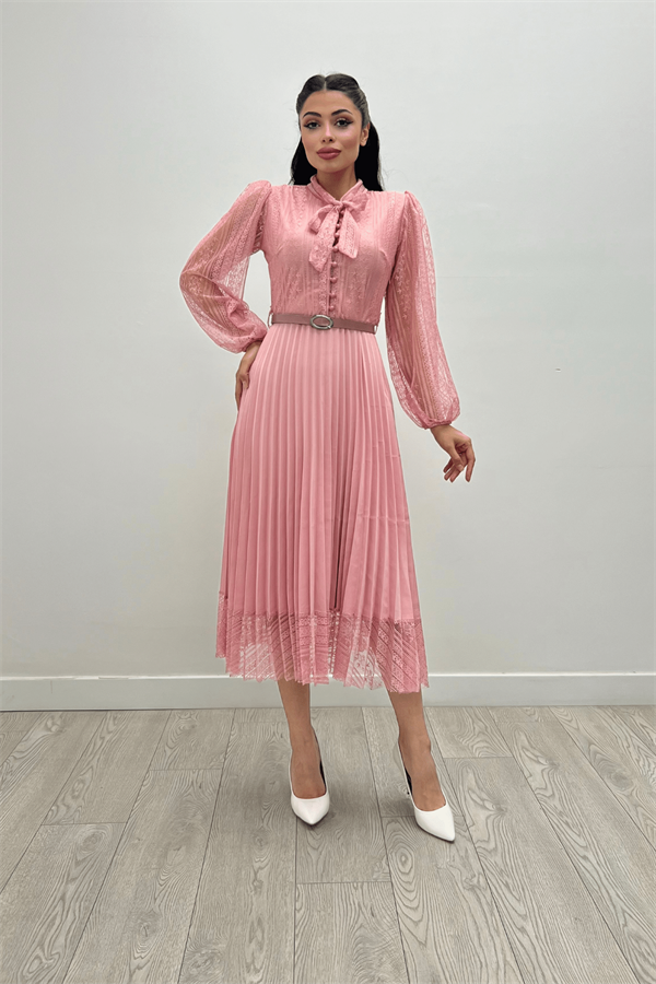 Dantel Kumaş Plise Detaylı Midi Elbise - PUDRA