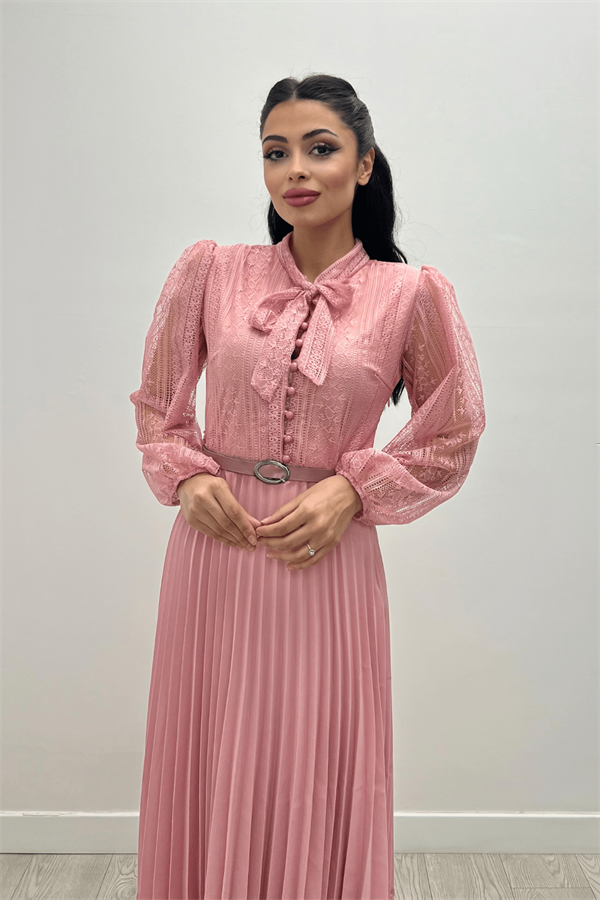 Dantel Kumaş Plise Detaylı Midi Elbise - PUDRA