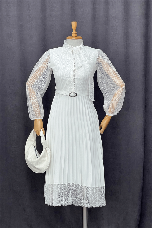Dantel Kumaş Plise Detaylı Midi Elbise - BEYAZ