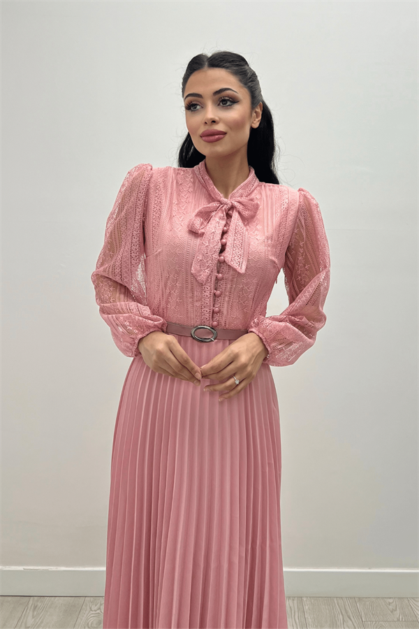 Dantel Kumaş Plise Detaylı Midi Elbise - PUDRA