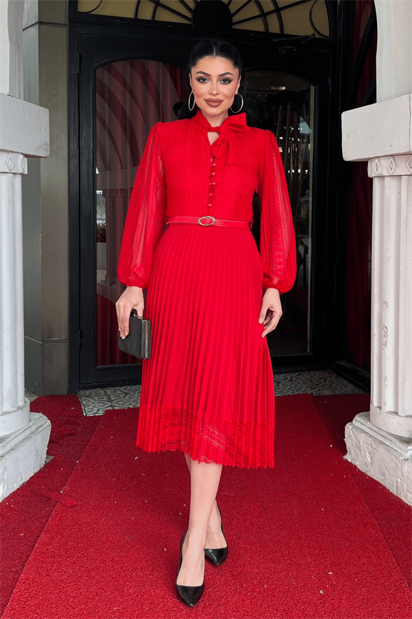 Dantel Kumaş Plise Detaylı Midi Elbise - KIRMIZI