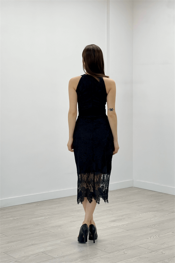 Dantel Kumaş Sıfır Kol Midi Elbise - SİYAH