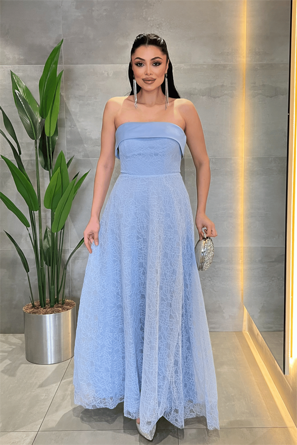 Dantel Kumaş Straplez Elbise - BEBE MAVİSİ