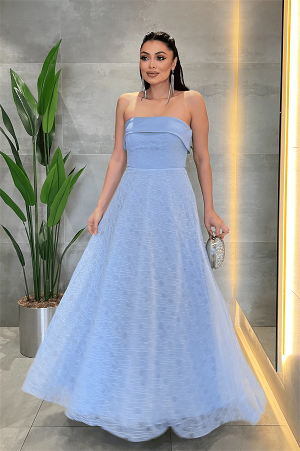 Dantel Kumaş Straplez Elbise - BEBE MAVİSİ