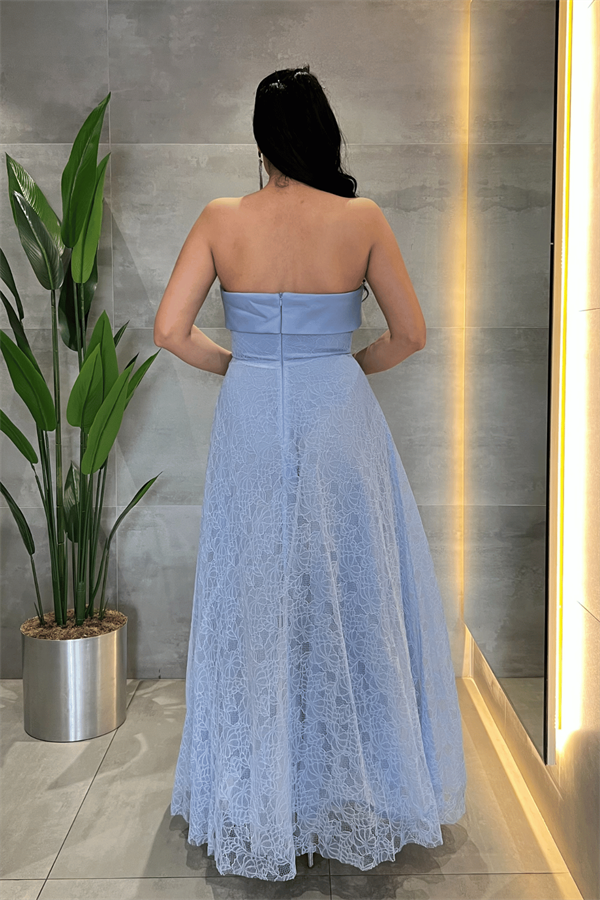 Dantel Kumaş Straplez Elbise - BEBE MAVİSİ