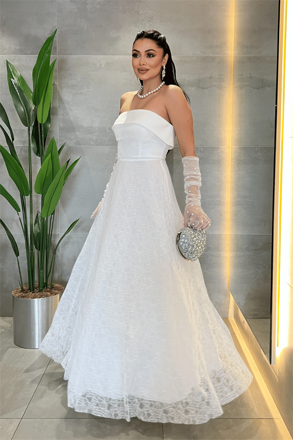 Dantel Kumaş Straplez Elbise - BEYAZ