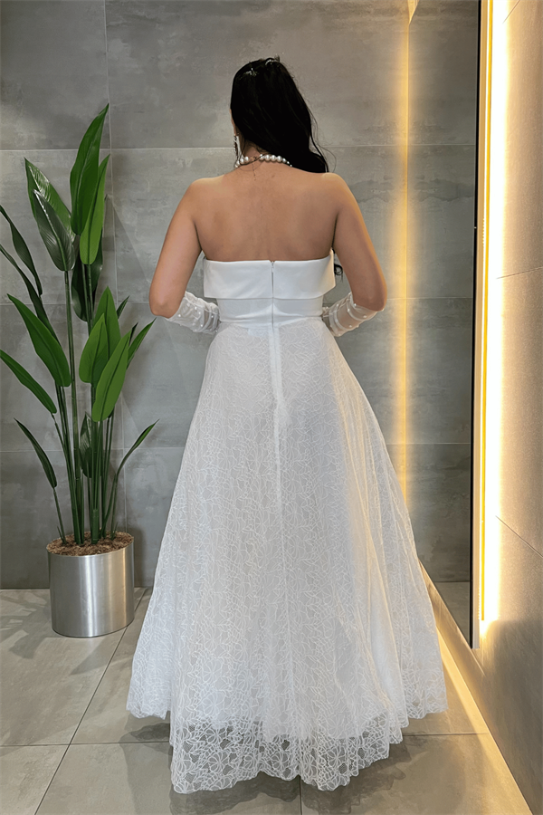 Dantel Kumaş Straplez Elbise - BEYAZ