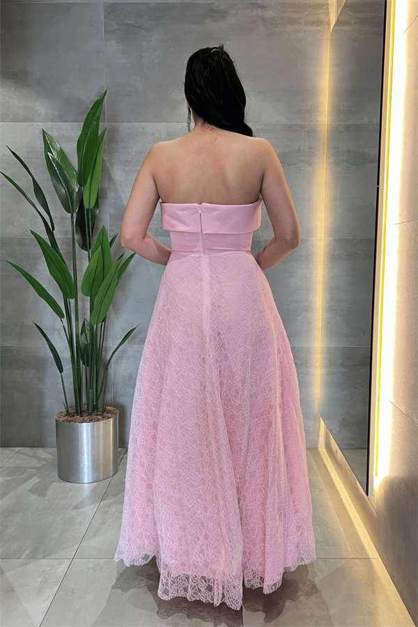Dantel Kumaş Straplez Elbise - PEMBE