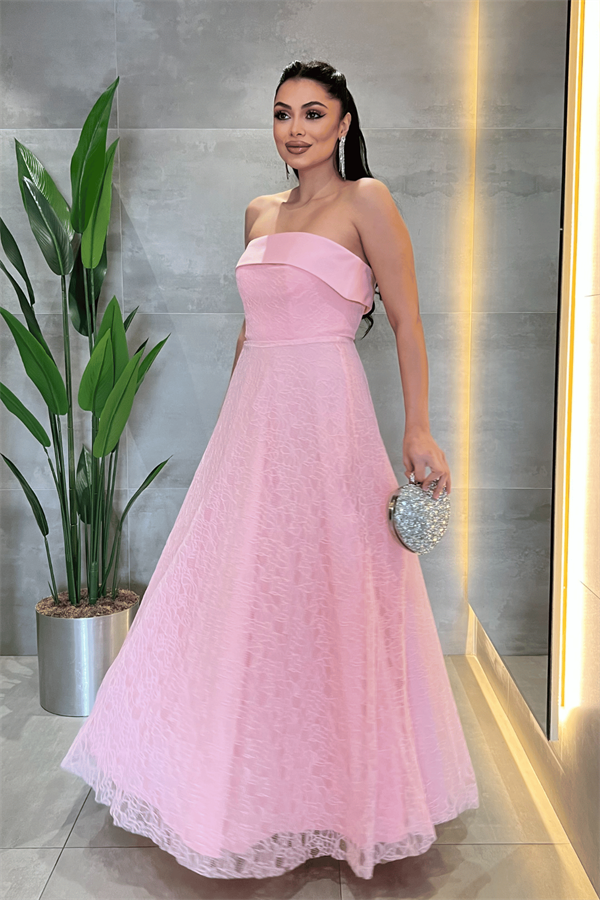 Dantel Kumaş Straplez Elbise - PEMBE