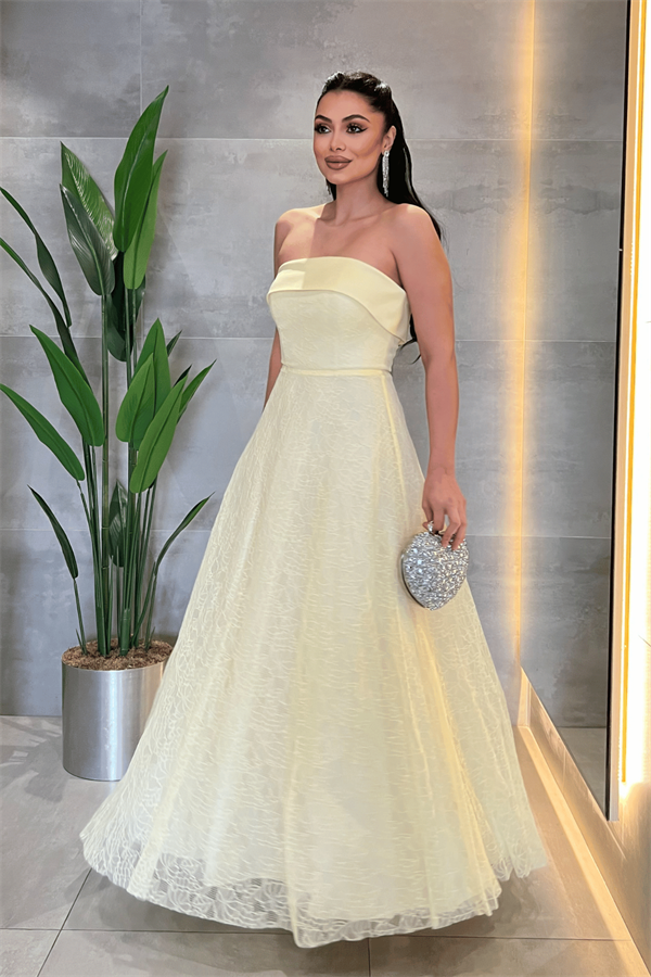 Dantel Kumaş Straplez Elbise - SARI