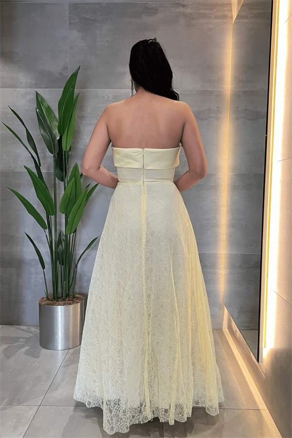 Dantel Kumaş Straplez Elbise - SARI