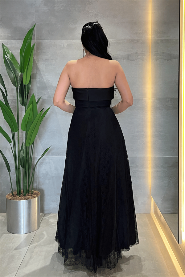 Dantel Kumaş Straplez Elbise - SİYAH