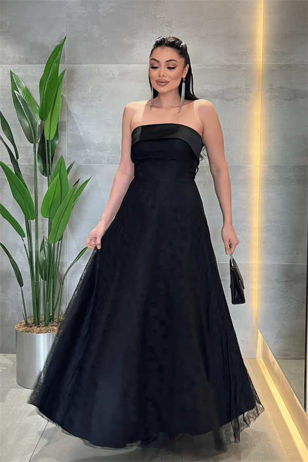 Dantel Kumaş Straplez Elbise - SİYAH