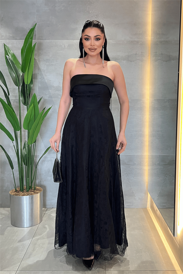 Dantel Kumaş Straplez Elbise - SİYAH