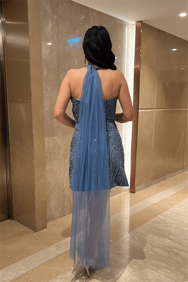 Dantel Kumaş Straplez Mini Elbise - İNDİGO MAVİ