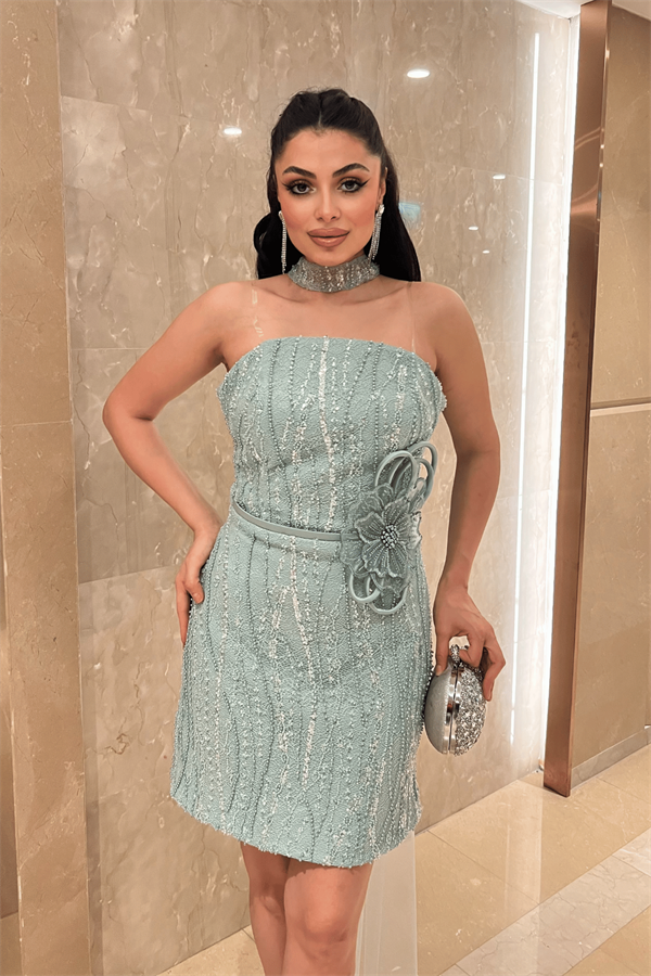 Dantel Kumaş Straplez Mini Elbise - MİNT YEŞİLİ