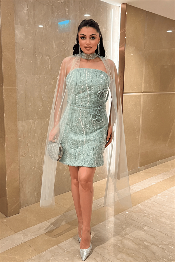 Dantel Kumaş Straplez Mini Elbise - MİNT YEŞİLİ