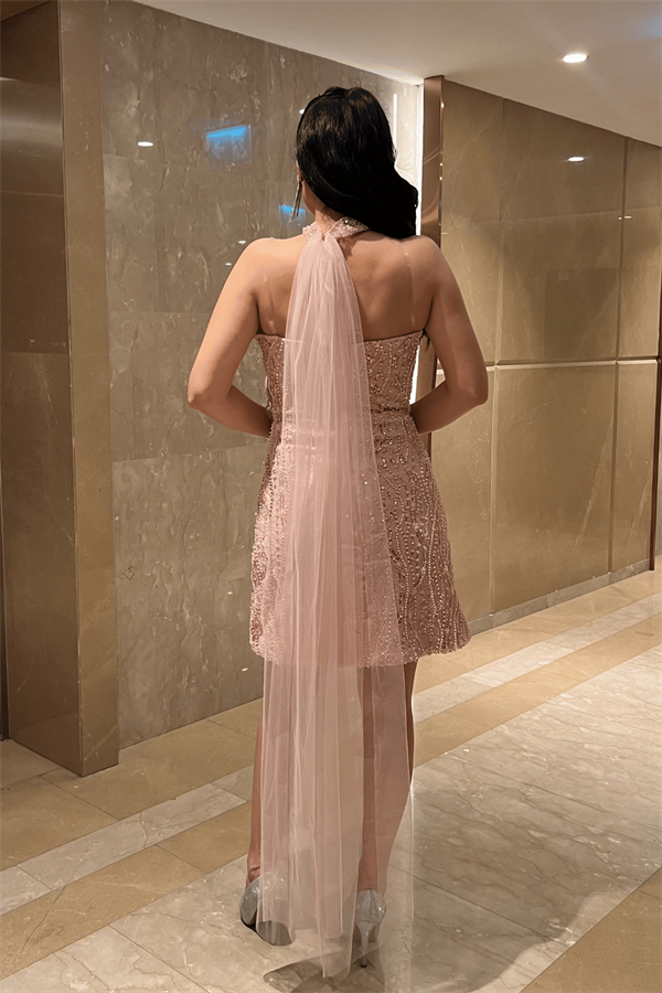 Dantel Kumaş Straplez Mini Elbise - PUDRA