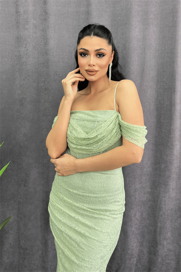 Dantel Kumaş Taş Detaylı Abiye Elbise - YEŞİL