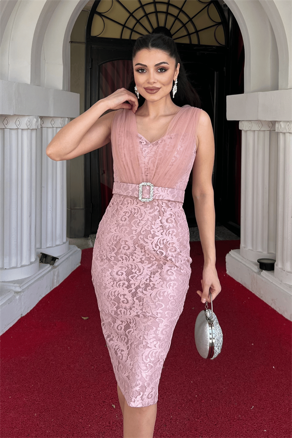 Dantel Kumaş Tül Detaylı Kalem Elbise - PUDRA