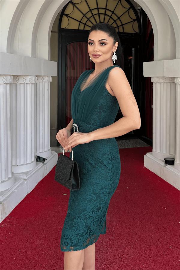 Dantel Kumaş Tül Detaylı Kalem Elbise - ZÜMRÜT YEŞİL