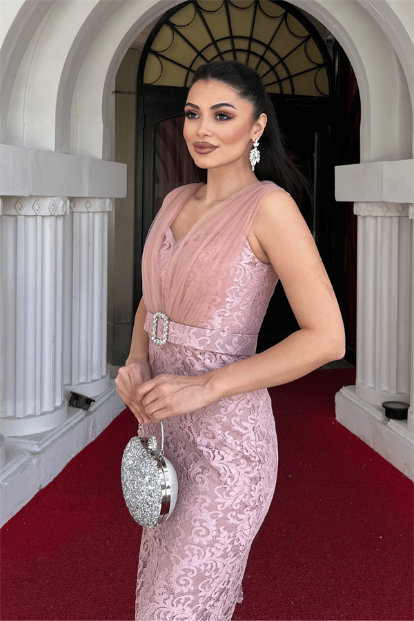 Dantel Kumaş Tül Detaylı Kalem Elbise - PUDRA