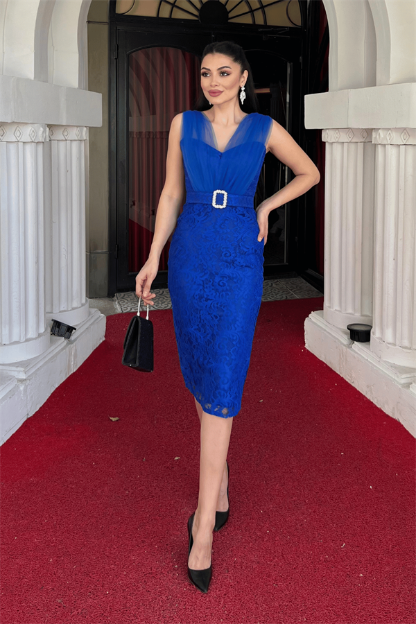 Dantel Kumaş Tül Detaylı Kalem Elbise - SAKS MAVİ